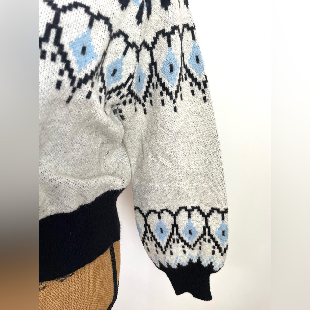 Fair Isle Scandi Pullover Sweater, Pretty Balloon Sleeve, Ivory Blue Black Heart - Picture 8 of 14